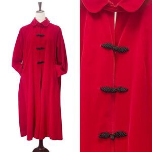 Vintage 1950s Red Velvet Long Evening Swing Coat Size Medium Rockabilly Festive